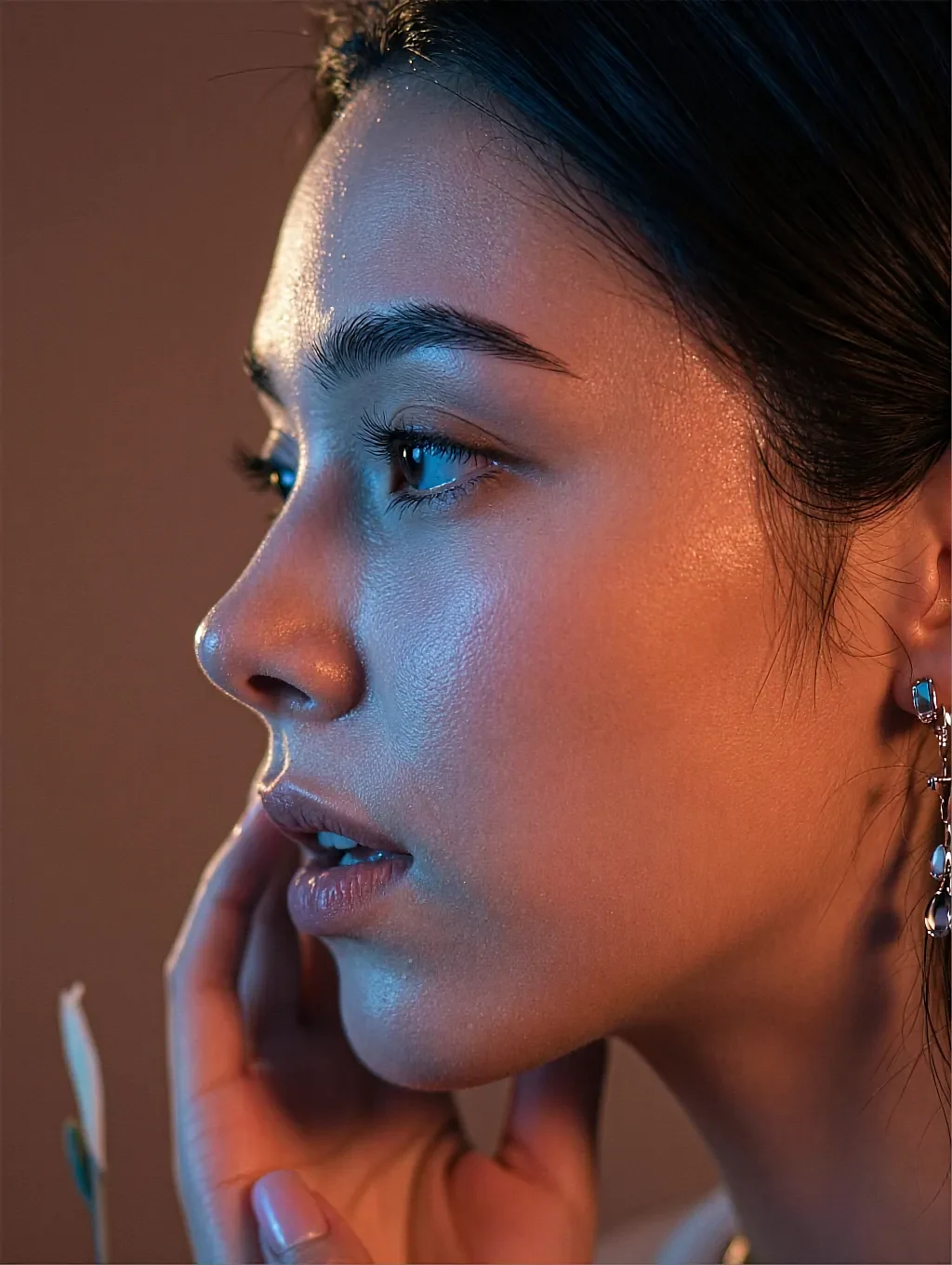 Fictional AI character in close-up, hand at her cheek, lit half warm, half blue
