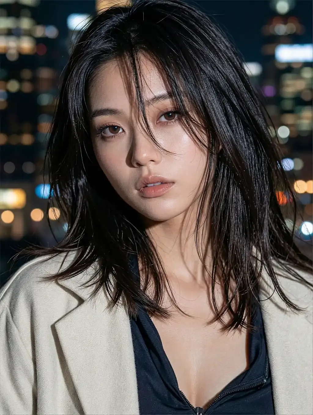 Fictional AI character in a white blazer against blurred city lights at night