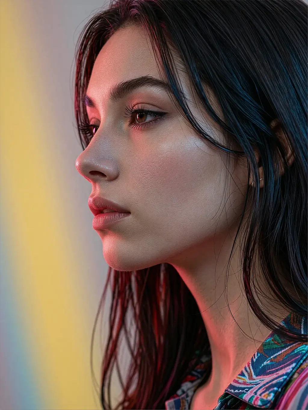 Fictional AI character in profile under split yellow-and-blue light