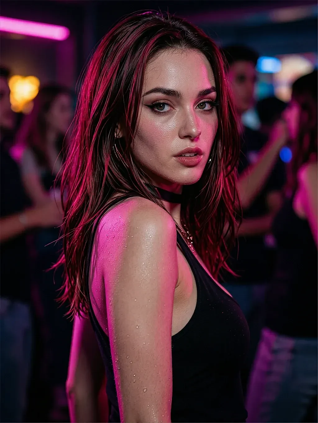 Fictional AI character with wet-look hair under magenta club lighting